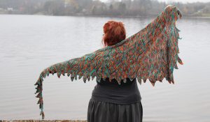 Kim McBrien-Evans displaying her Impervious Shawl