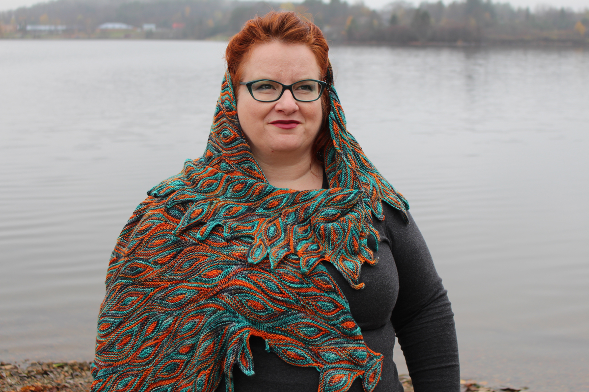 Kim McBrien-Evans displaying her Impervious Shawl