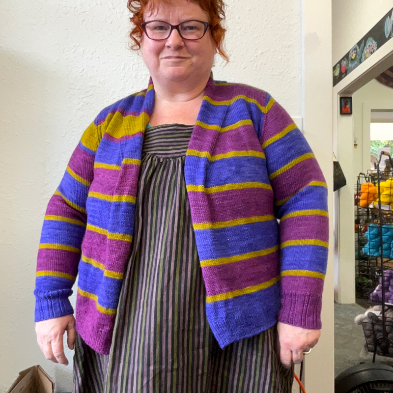 Kim McBrien-Evans wearing a set-in sleeve sweater