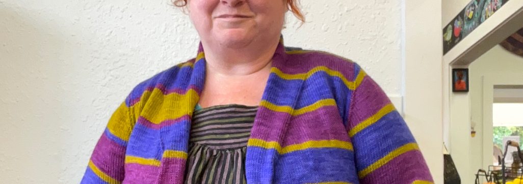 Kim McBrien-Evans wearing a set-in sleeve sweater