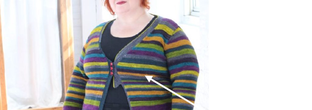 Kim McBrien-Evans wearing a sweater with vertical darts